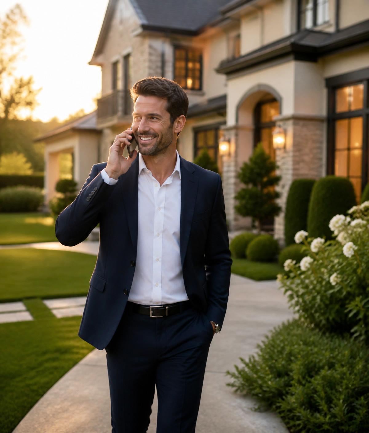 A real estate agent on a call outside an upscale home at golden hour